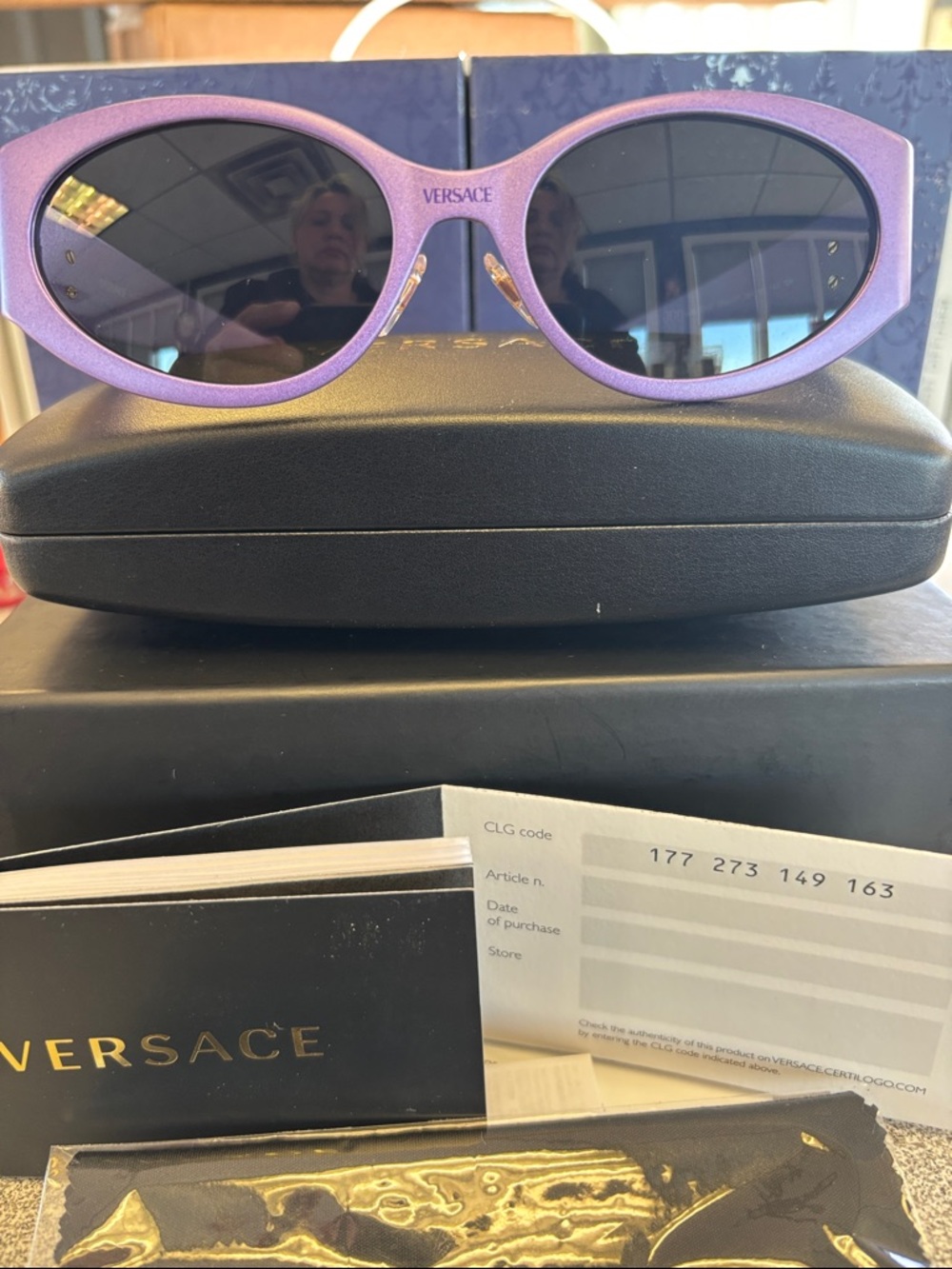 Versace Metallic Purple Oval Sunglasses with Dark Lenses